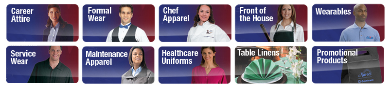 Career Attire, Formal Wear, Chef Apparel, Front of the House, Wearable, Service Wear Maintenance Apparel, Healthcare Uniforms, Table Linens, Promotional Products